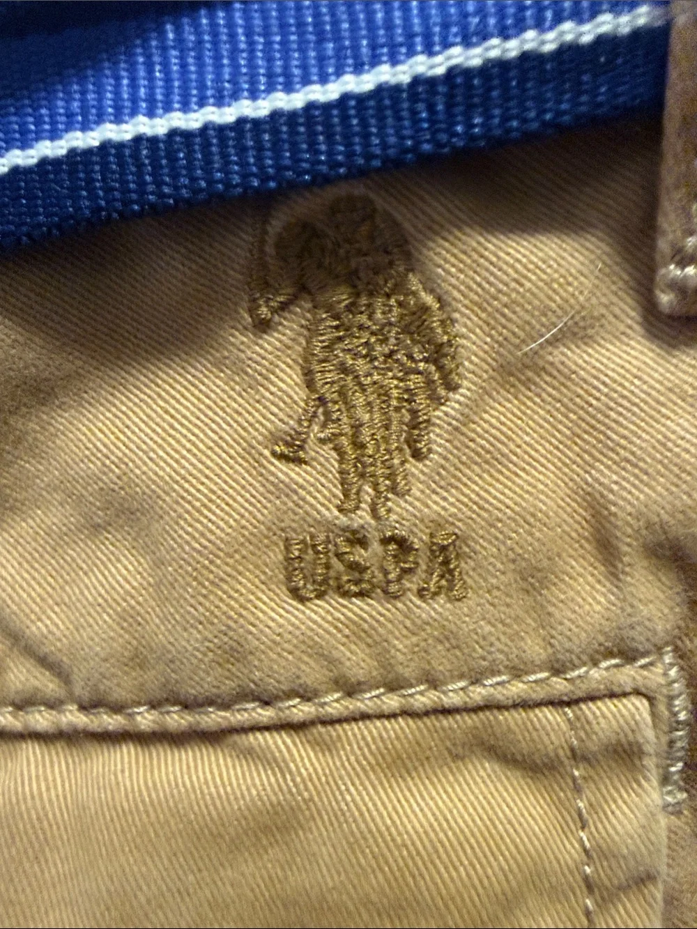 U.S. Polo Assn. Tan Cotton Chino Shorts with Blue Striped Belt